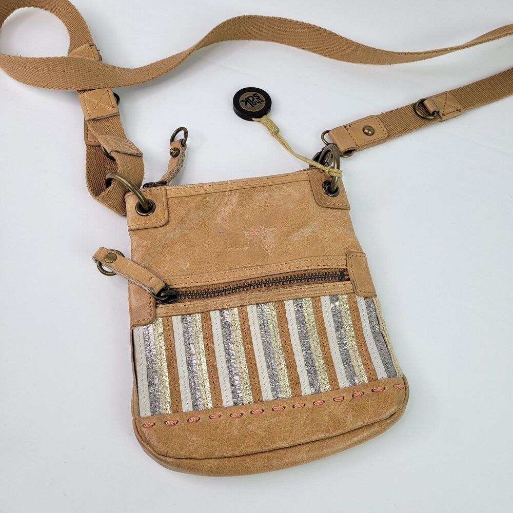 The Sak Mini Crossbody Bag Purse Tan Leather With Metallic Stripes